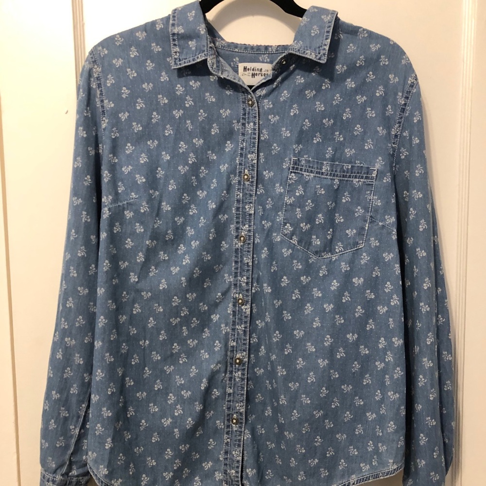 Chambray Button Down with Flower Print
